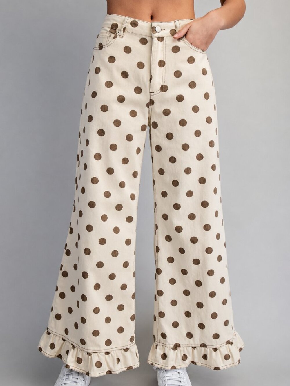Polka Dot Ruffle Hem Wide Leg Jeans - eesome